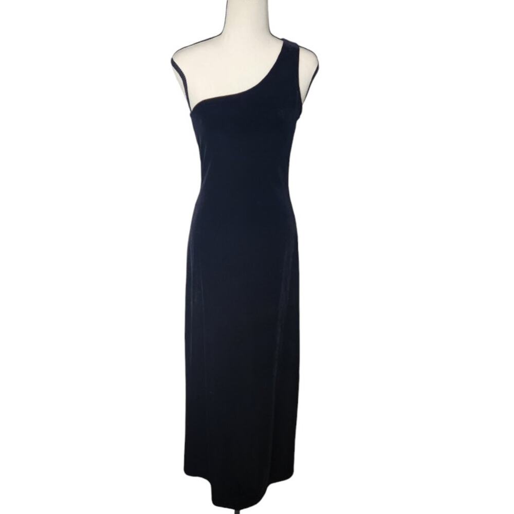 Vintage 1990s Roberta Black Stretch Velvet One Shoulder Long Cocktail Maxi Dress